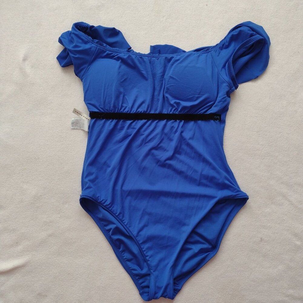 Trina Turk Blue Ruffle Swimsuit 12 Off-The-Shoulder Fully Lined One-Piece - Picture 8 of 10